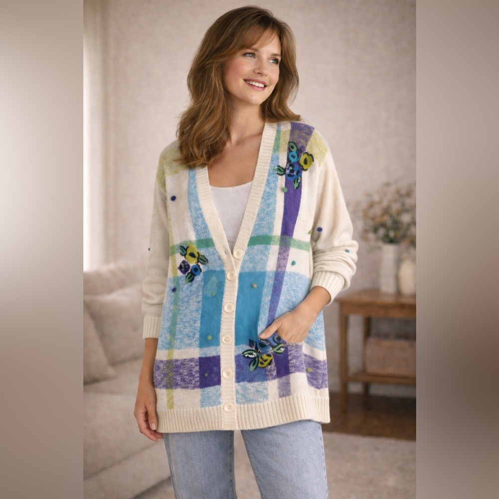 VTG Chaus Sport Cardigan‎ Sweater Cream Multi Color Plaid Floral Size S Womens